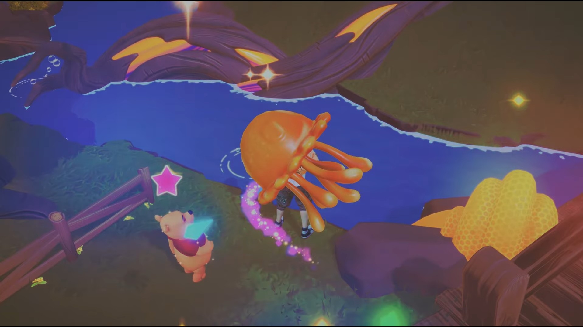 Catch sweet jelly from the blue ripples in the biomes of Honeyglow Woods in disney dreamlight valley