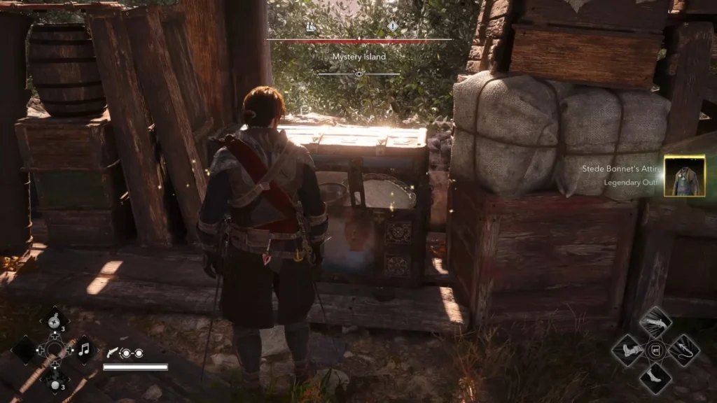Secret chest is on the upper ruins containing the Stede Bonnet's Attire outfit