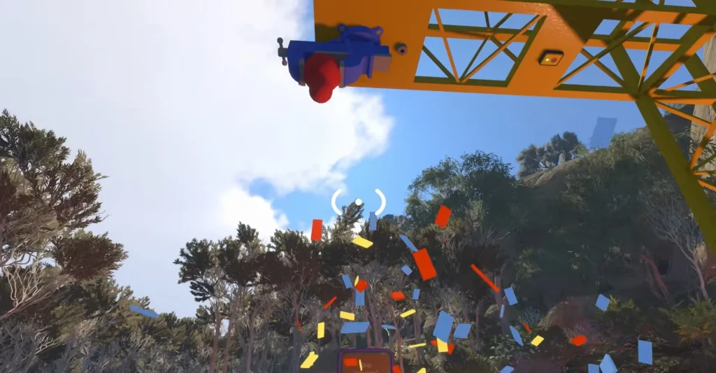 Press the button at the top to solve the yellow scaffolding puzzle