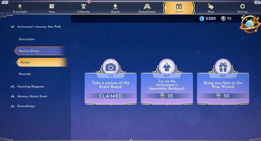 Routine duties of Astronomer's Journey Star Path