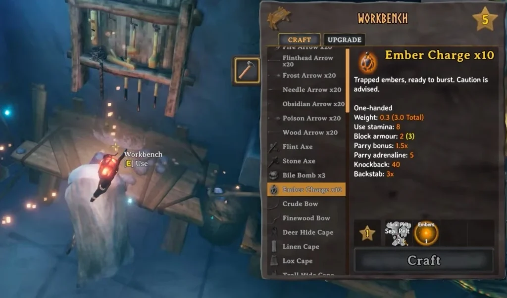 craft the ember charges at workbench