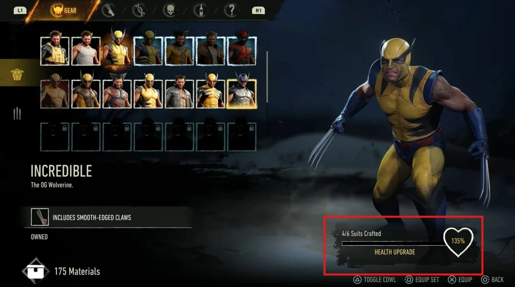 craft suits to increase the maximum health of Logan in Marvel's Wolverine