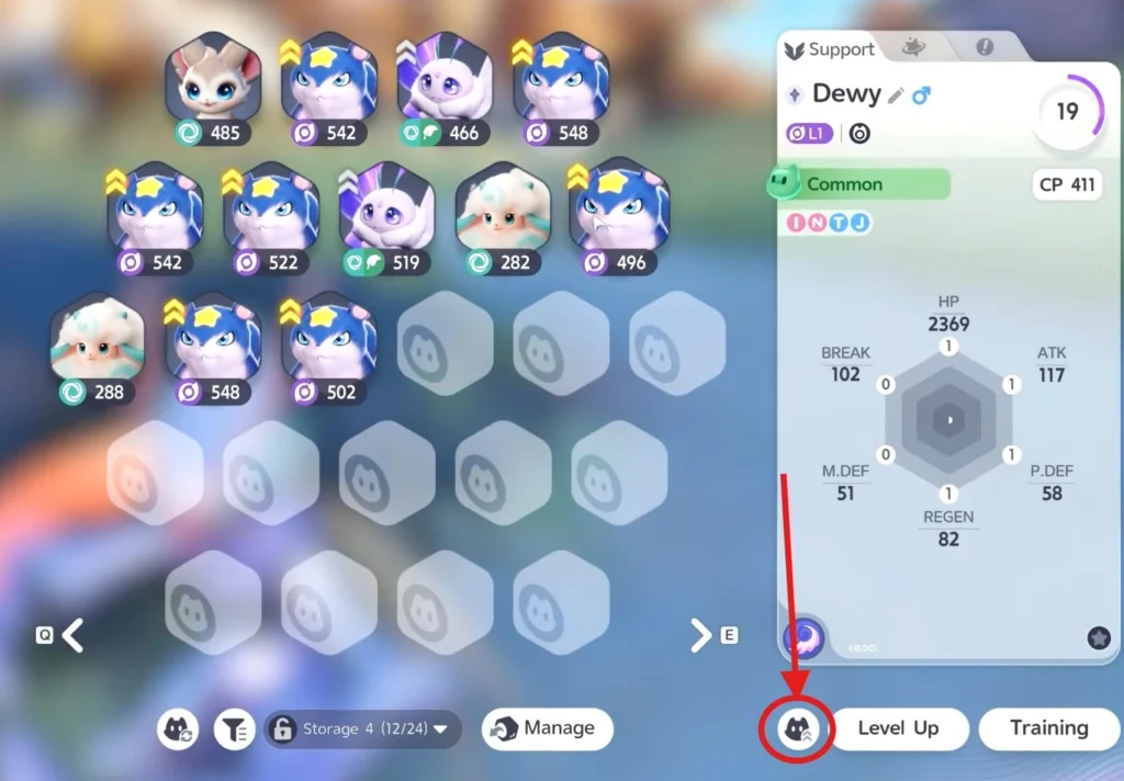 click the kitty symbol in the Aniimo management to open the evolve menu
