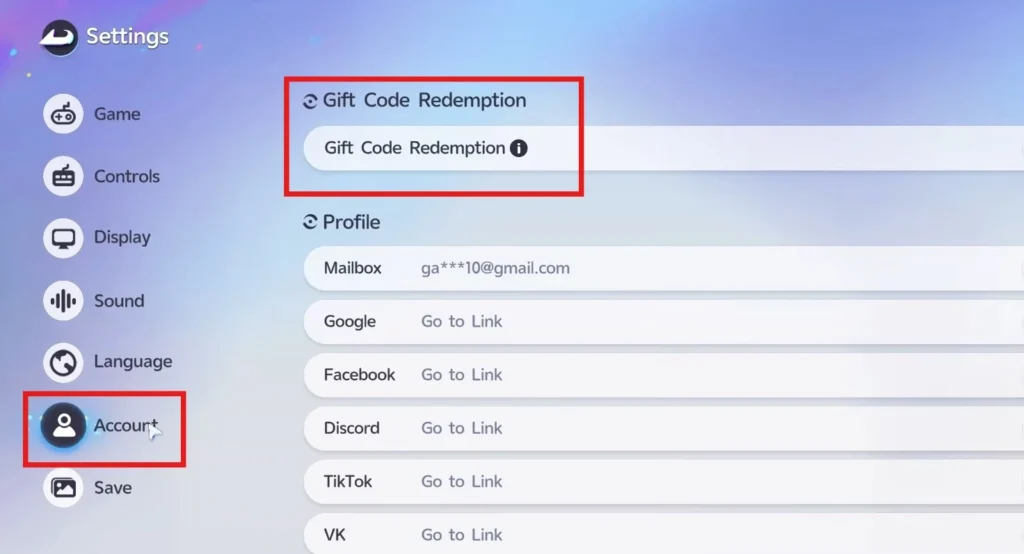 redeem the codes from the account settings