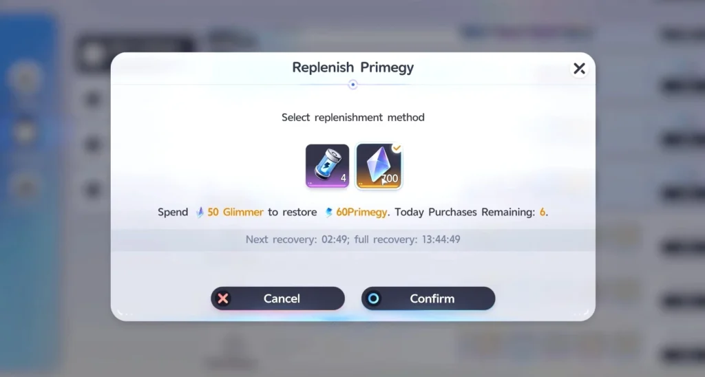 Use Glimmer or Primegy Battery to restore Primegy
