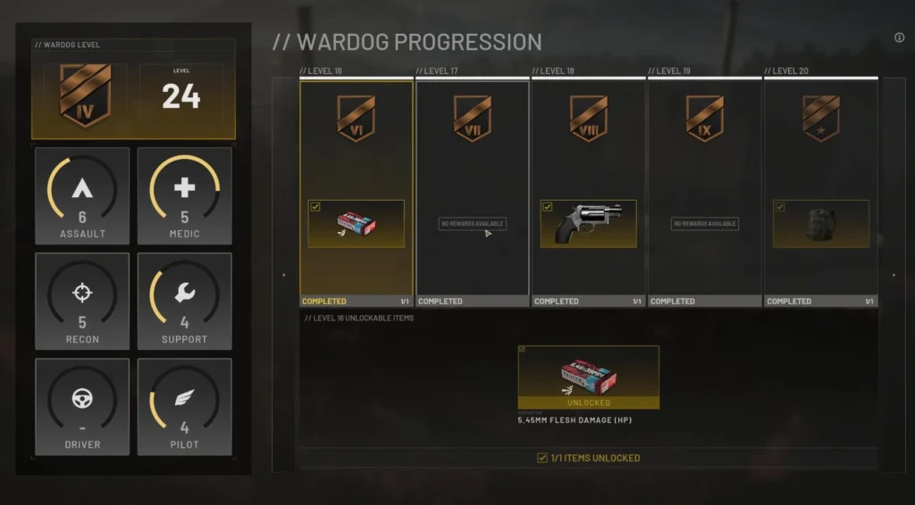 Level up skills and the career level to unlock all weapons in wardogs