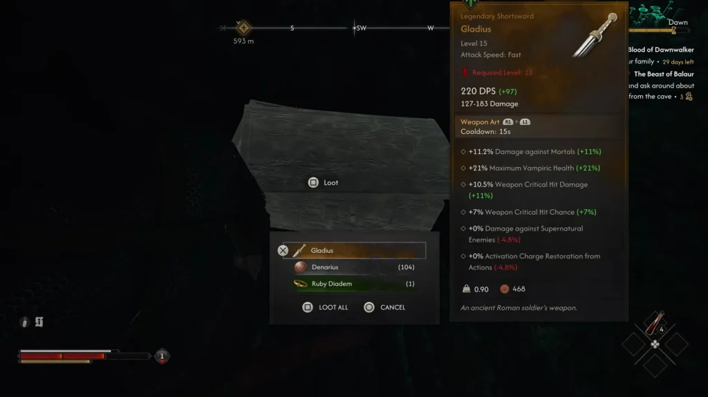 loot the gladius from the chest in the cave
