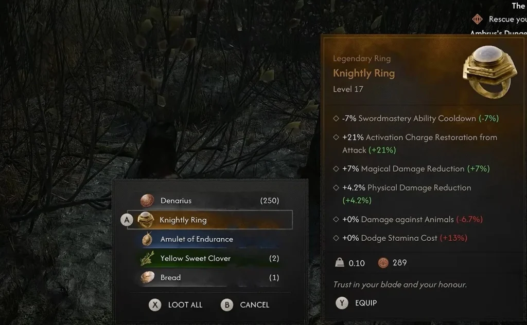 loot the knightly ring from the treasure chest